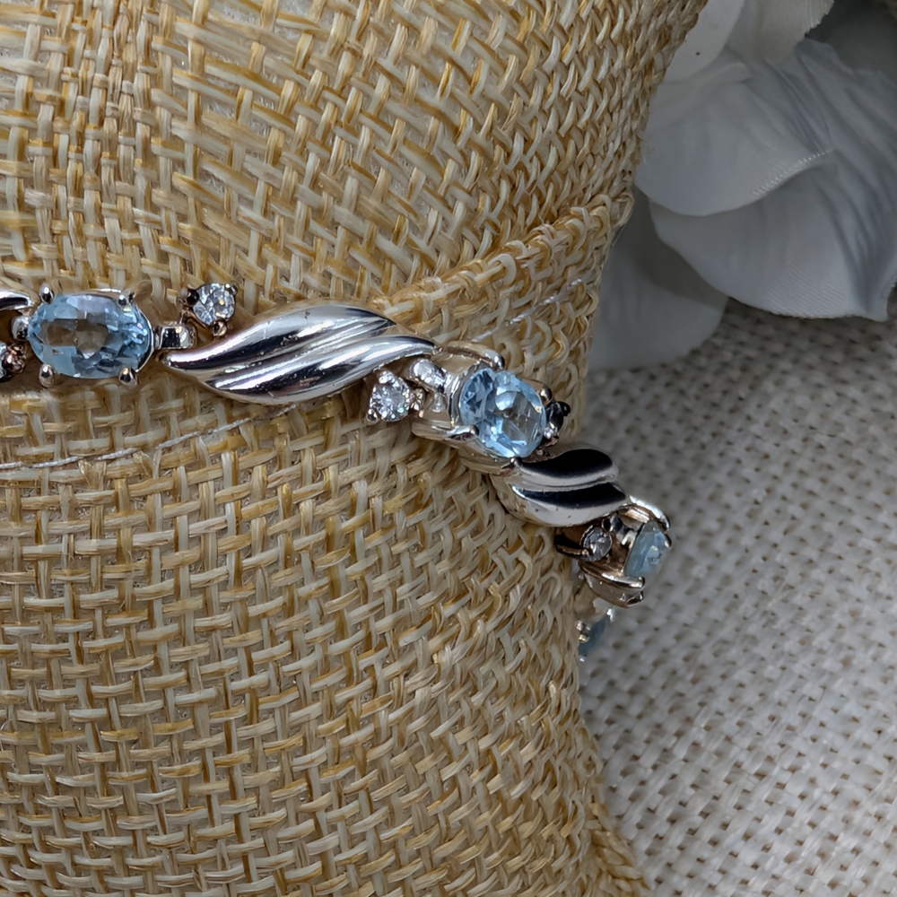 925 Sterling Silver Blue Topaz & CZ Link Bracelet 8” | Twisted Leaf Design - Picture 11 of 16